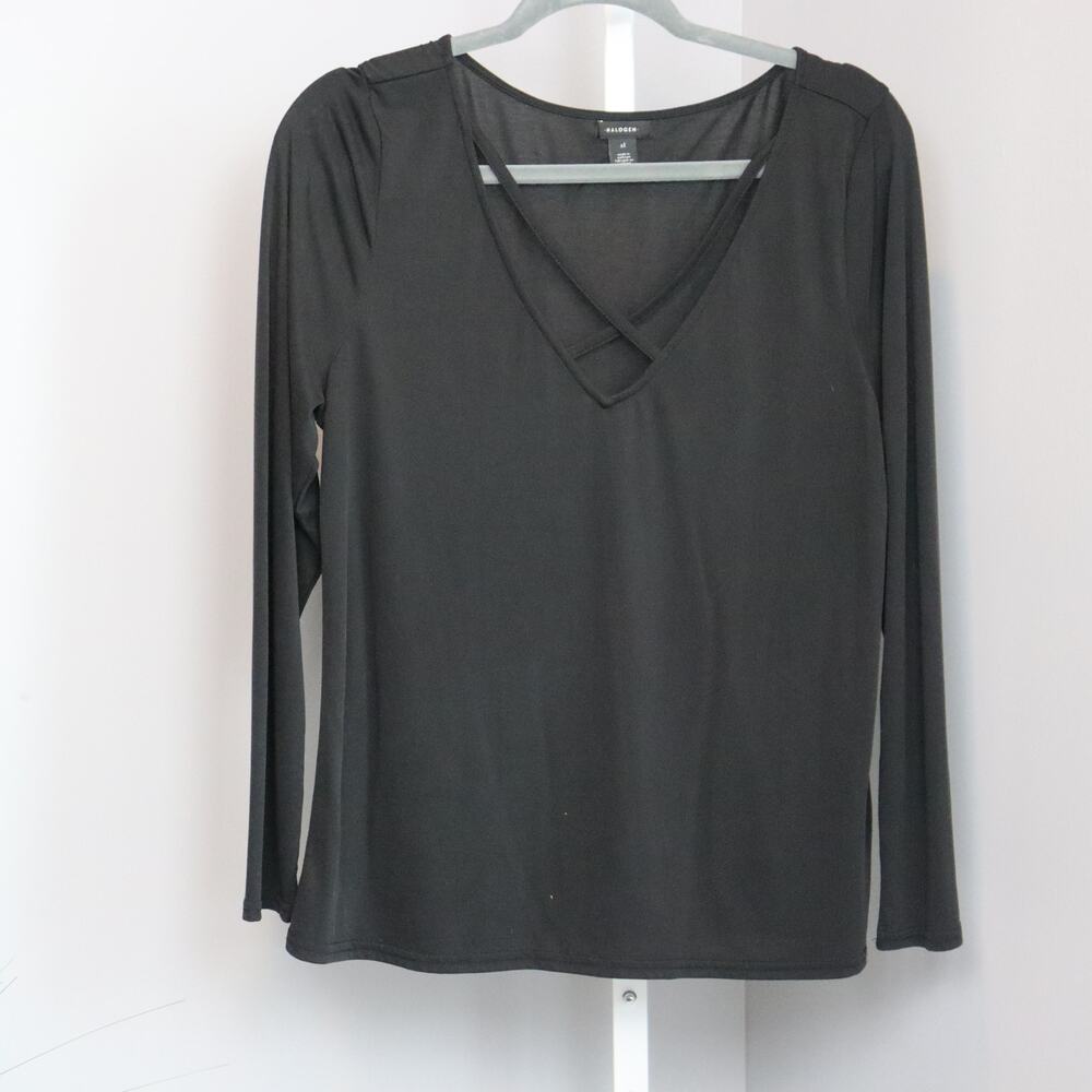 Halogen Strappy V-Neck Top XL Black Womens Long Sleeve Lightweight Blouse